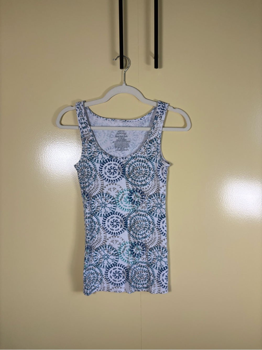 Women's Y2K Scoop Neck Tank Top - White with Teal & Navy Print